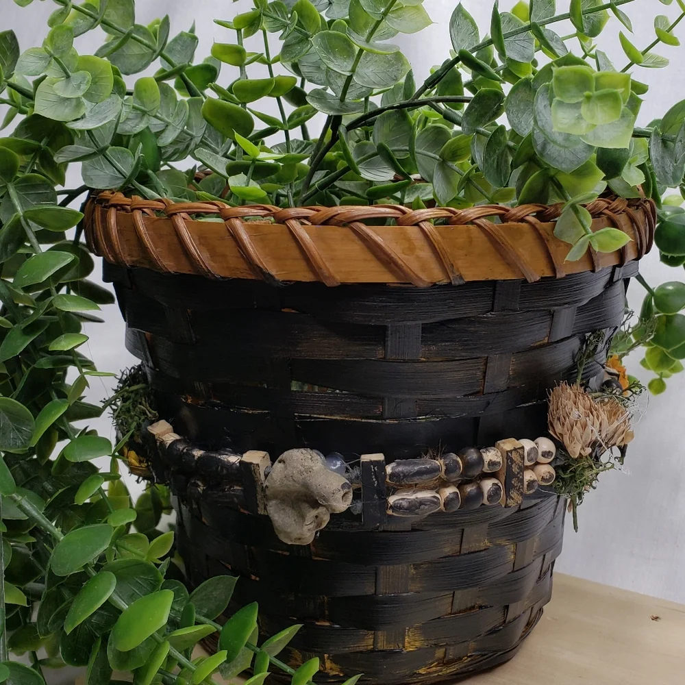 Handcrafted Accented Wicker Planter Basket Coral Floral Beads